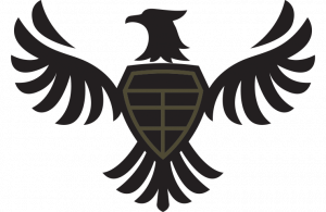 Black eagle emblem with shield on body and outstretched wings.