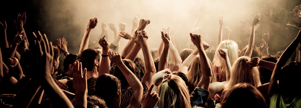Crowd with raised hands enjoying a concert or event.